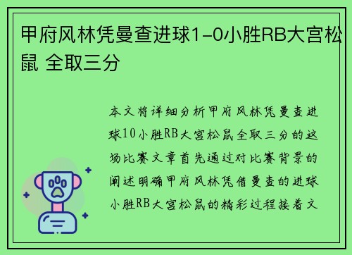 甲府风林凭曼查进球1-0小胜RB大宫松鼠 全取三分