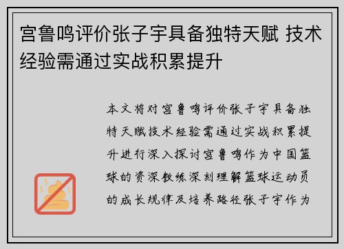 宫鲁鸣评价张子宇具备独特天赋 技术经验需通过实战积累提升